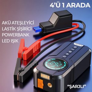 robo 4'ü 1 Arada Lastik Şişirici - Akü Takviyesi - Powerbank - Led Işık